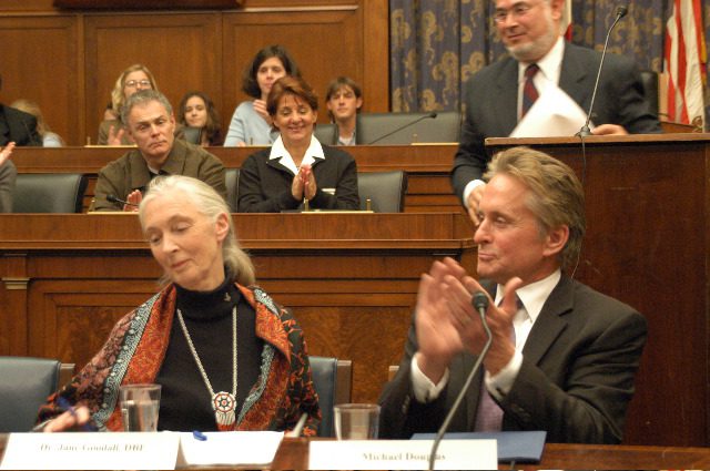 Jane Goodall applauded by Michael Douglas in Congress