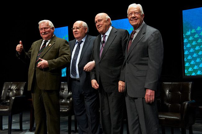 Nobel Laureates Jimmy Carter, Mikhail Gorbachev, Willem de Klerk and Lech Walesa at the 2012 Nobel Laureate Summit
