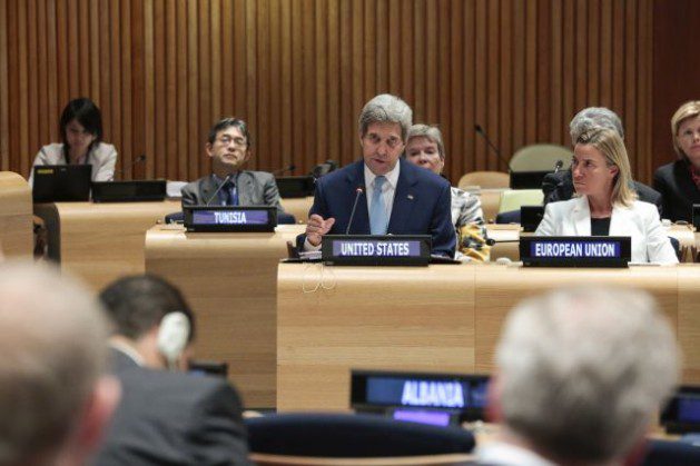 U.S. Secretary of State John Kerry (centre) speaks at the Seventh Ministerial Meeting of the Comprehensive Nuclear-Test-Ban Treaty (CTBT), held on the margins of the General Assembly general debate in September 2014. Credit: UN Photo/Evan Schneider